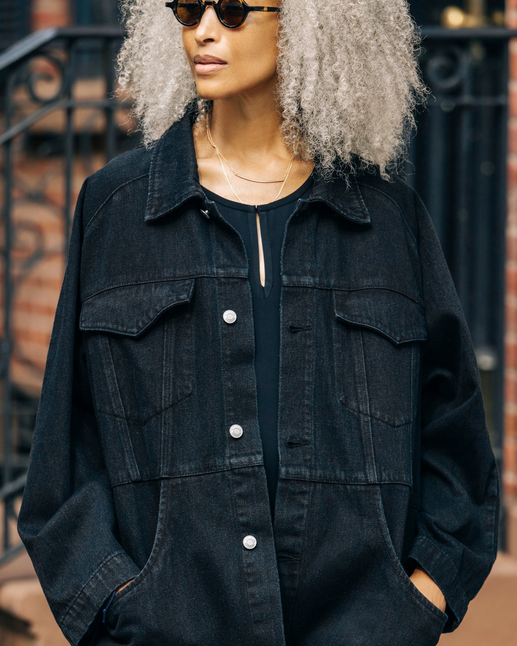 Women's Washed Black Oversized Denim Jacket | CoCapsules